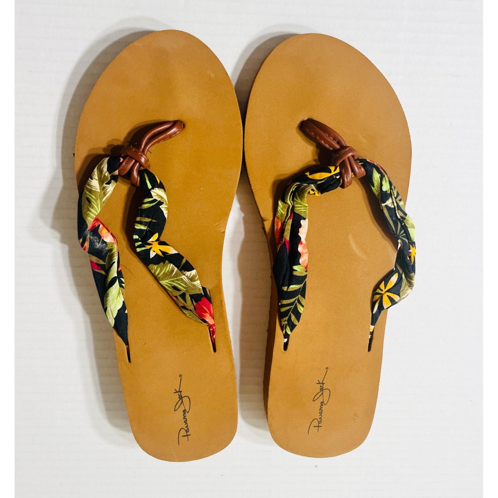 Panama Jack Flip Flop Sandals Womens 9.5 Floral Print Fabric Strap Tan Black